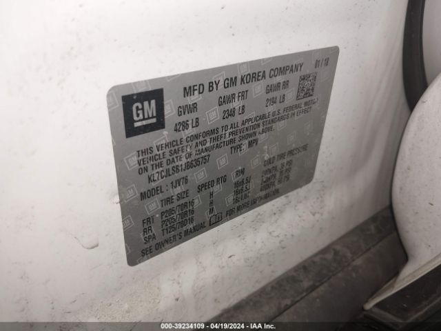 KL7CJLSB1JB635757 Chevrolet Trax Lt