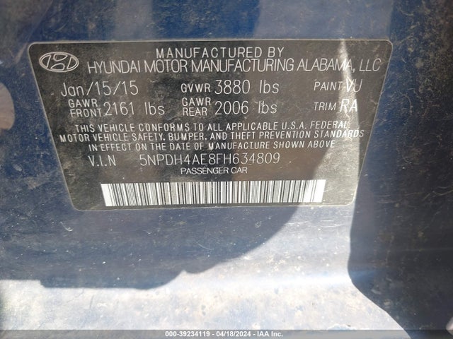 Hyundai Elantra Limited 2015 5NPDH4AE8FH634809 Image 9