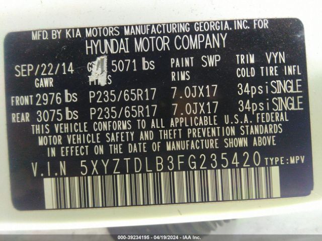 5XYZTDLB3FG235420 Hyundai Santa Fe Sport 2.4l
