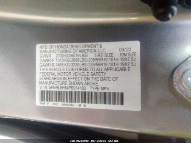5FNRL6H84PB014183 Honda Odyssey Touring