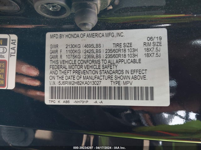 Honda Cr-v Ex-l 2019 5J6RW2H82KA013027 Image 9