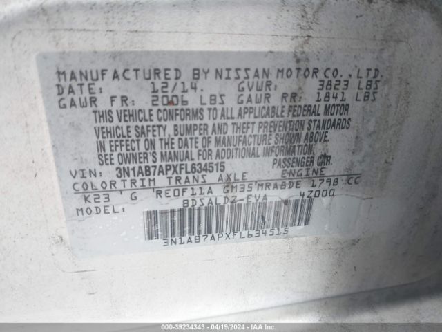 3N1AB7APXFL634515 Nissan Sentra Fe+ S/s/sl/sr/sv