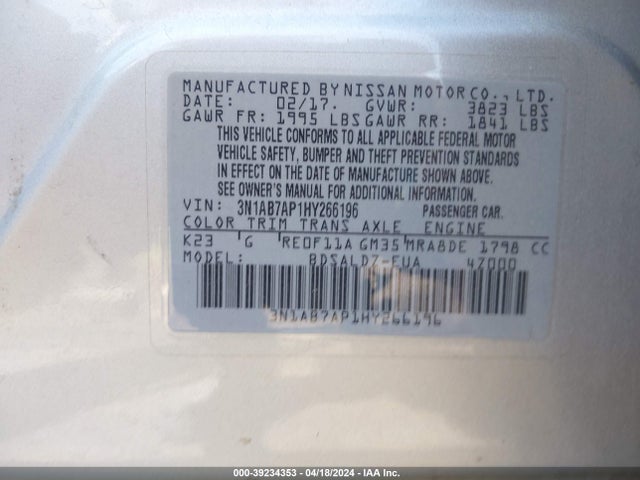 Nissan SENTRA SV 2017 3N1AB7AP1HY266196 Image 9