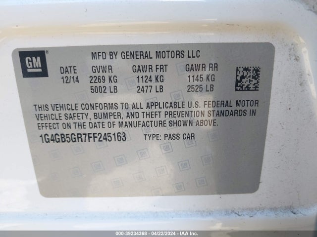 Buick Lacrosse Leather 2015 1G4GB5GR7FF245163 Image 9
