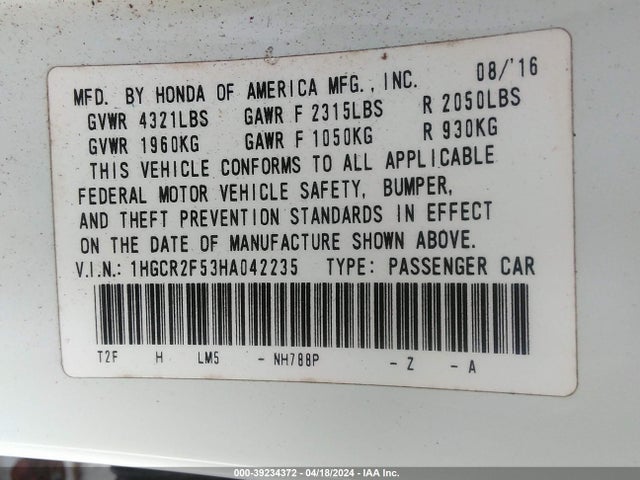 Honda Accord Sport 2017 1HGCR2F53HA042235 Image 9