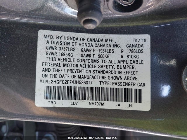 Honda CIVIC EX 2018 2HGFC2F74JH526017 Image 9