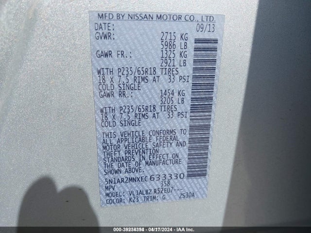 Nissan Pathfinder S 2014 5N1AR2MNXEC633330 Image 9