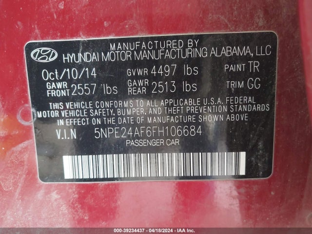 Hyundai SONATA SE 2015 5NPE24AF6FH106684 Image 9