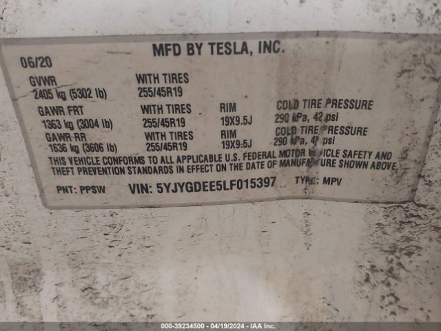 2020 TESLA MODEL Y 5YJYGDEE5LF015397 Photo 8