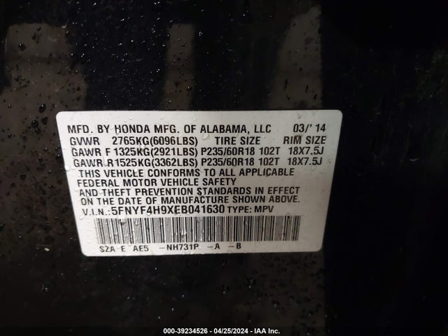 Honda Pilot Touring 2014 5FNYF4H9XEB041630 Image 9