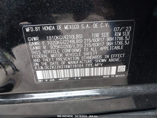 Honda Hr-v Awd Lx 2024 3CZRZ2H31RM718104 Image 9