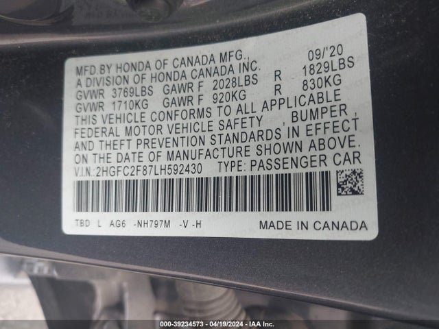 Honda Civic Sport 2020 2HGFC2F87LH592430 Image 9