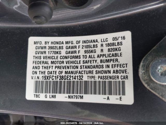 19XFC1F38GE214132 Honda Civic Ex-t