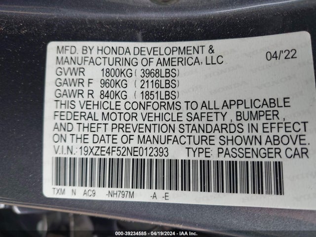 Honda INSIGHT EX 2022 19XZE4F52NE012393 Image 9