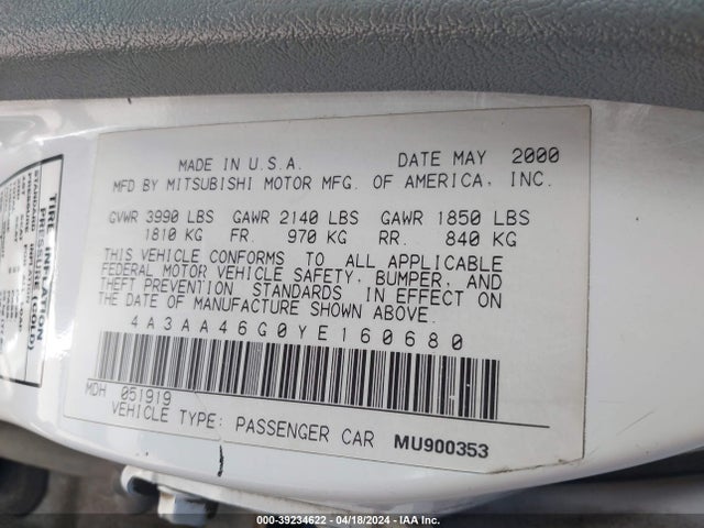 2000 MITSUBISHI GALANT 4A3AA46G0YE160680 Photo 8