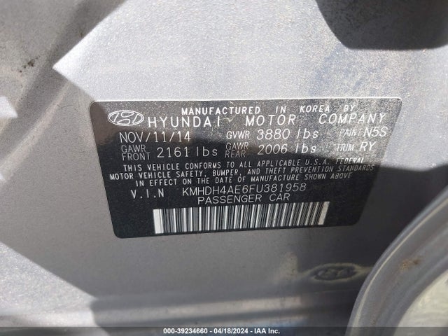 Hyundai Elantra Limited 2015 KMHDH4AE6FU381958 Image 9