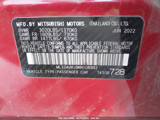 ML32AUHJ9NH008992 Mitsubishi MIRAGE ES