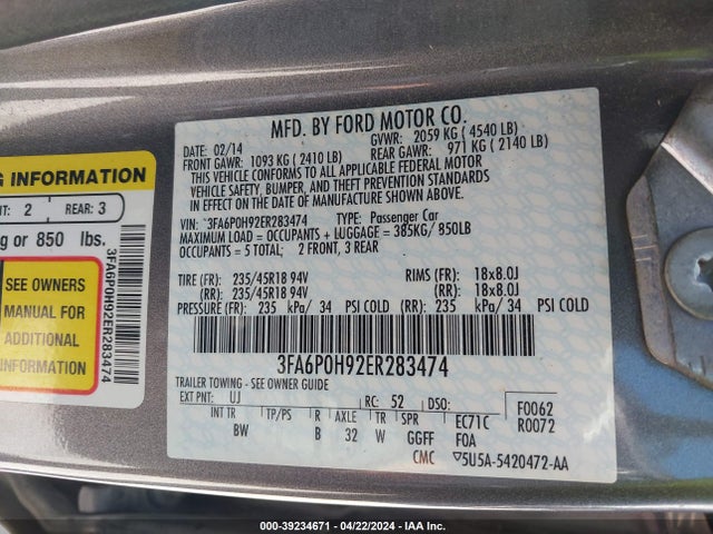 Ford FUSION SE 2014 3FA6P0H92ER283474 Image 9