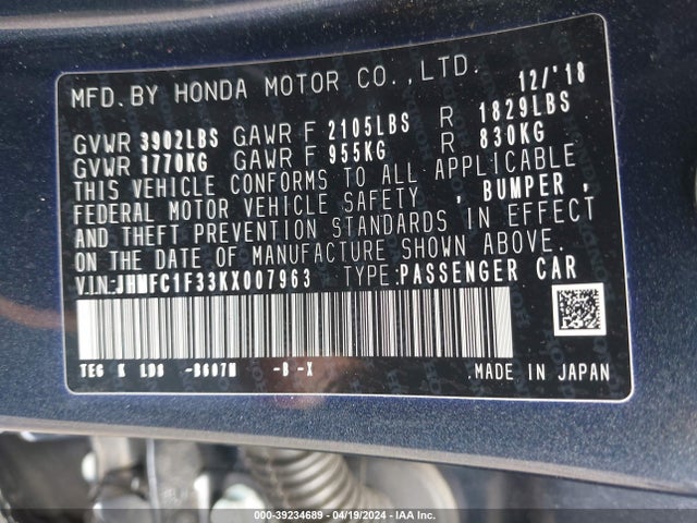 Honda CIVIC EX 2019 JHMFC1F33KX007963 Image 9