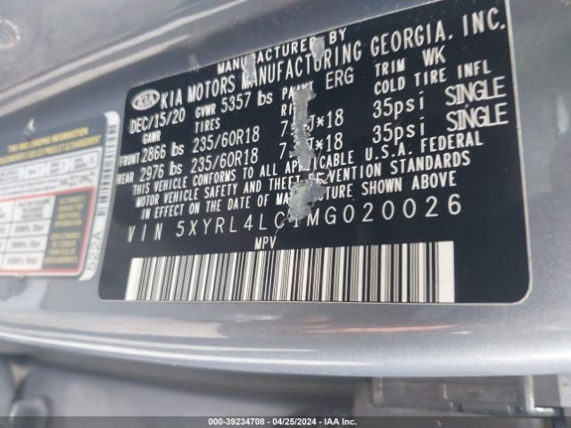 5XYRL4LC1MG020026 KIA SORENTO S