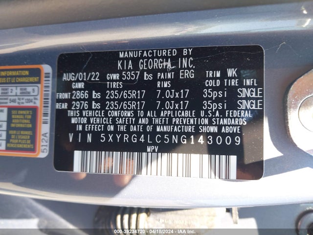 KIA SORENTO LX 2022 5XYRG4LC5NG143009 Image 9