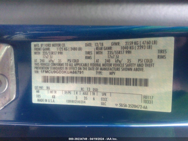 Ford ESCAPE SE 2019 1FMCU9GD3KUA66791 Image 9