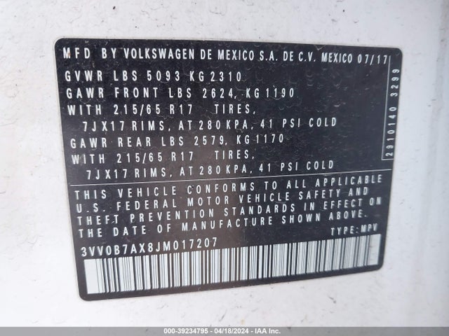 3VV0B7AX8JM017207 Volkswagen Tiguan 2.0t S