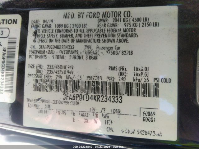 3FA6P0CD4KR234333 Ford FUSION SEL