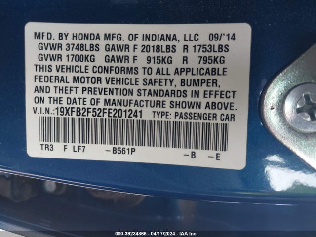 Honda Civic Lx 2015 19XFB2F52FE201241 Image 9