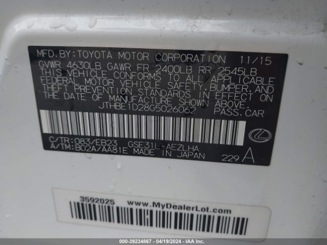 JTHBE1D28G5026062 Lexus IS 350
