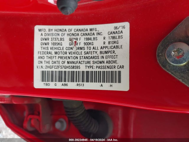 Honda Civic Lx 2016 2HGFC2F57GH558595 Image 9