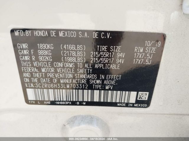 3CZRU6H33LM703312 Honda Hr-v Awd Lx