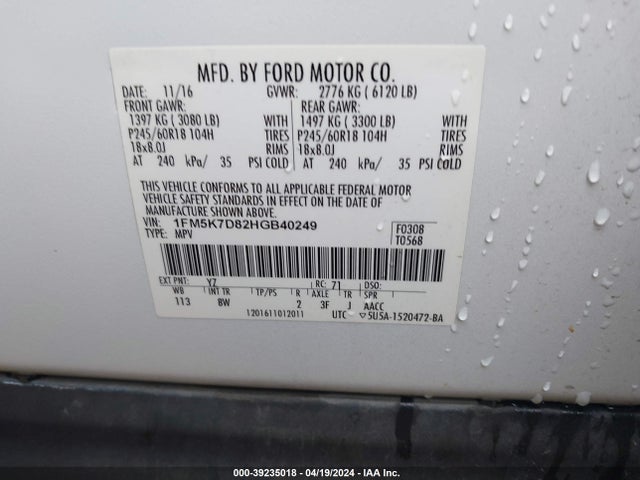 Ford EXPLORER XLT 2017 1FM5K7D82HGB40249 Image 9