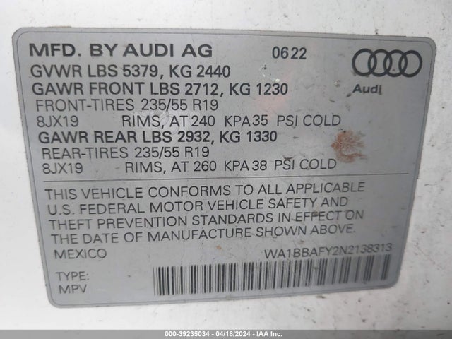 WA1BBAFY2N2138313 Audi Q5 Premium Plus 40 Tfsi Quattro S Tronic