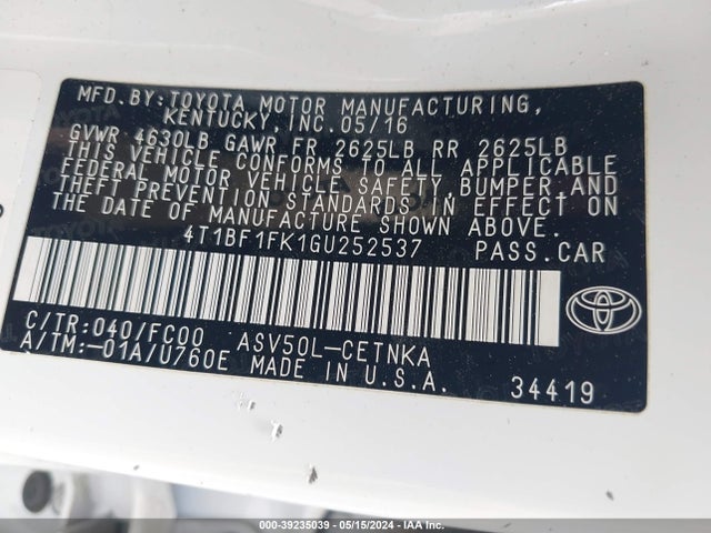 Toyota CAMRY LE 2016 4T1BF1FK1GU252537 Image 9