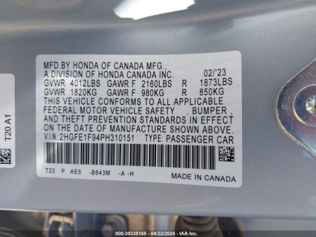 2HGFE1F94PH310151 Honda Civic Touring