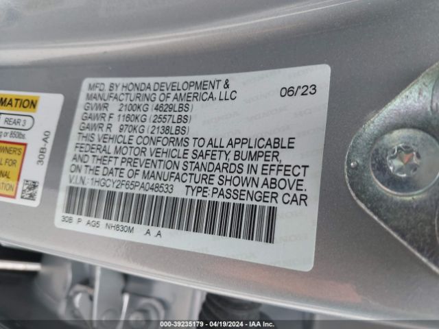 1HGCY2F65PA048533 Honda Accord Hybrid Ex-l