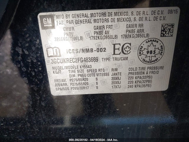 Chevrolet Silverado 1500 1lt/2lt 2015 3GCUKREC2FG483689 Image 9