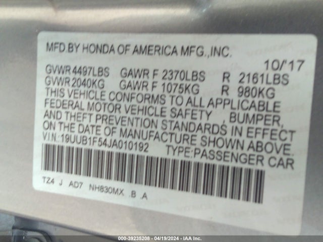19UUB1F54JA010192 Acura Tlx Tech Pkg