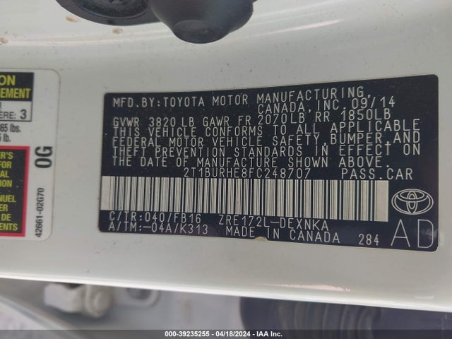 Toyota COROLLA LE 2015 2T1BURHE8FC248707 Image 9