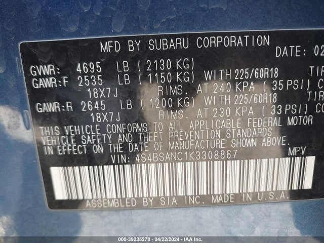 Subaru Outback 2.5i Limited 2019 4S4BSANC1K3308867 Image 9