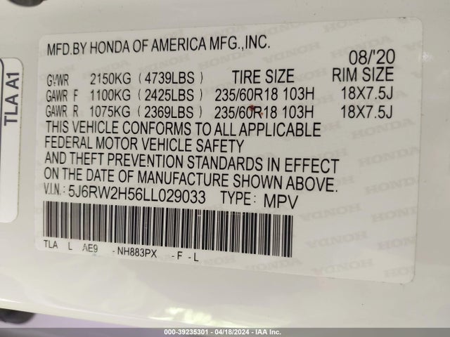 Honda Cr-v Awd Ex 2020 5J6RW2H56LL029033 Image 9