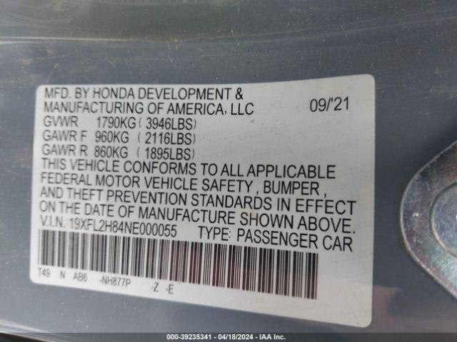 19XFL2H84NE000055 Honda Civic Sport