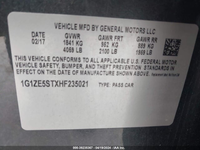 Chevrolet MALIBU 1LT 2017 1G1ZE5STXHF235021 Image 9