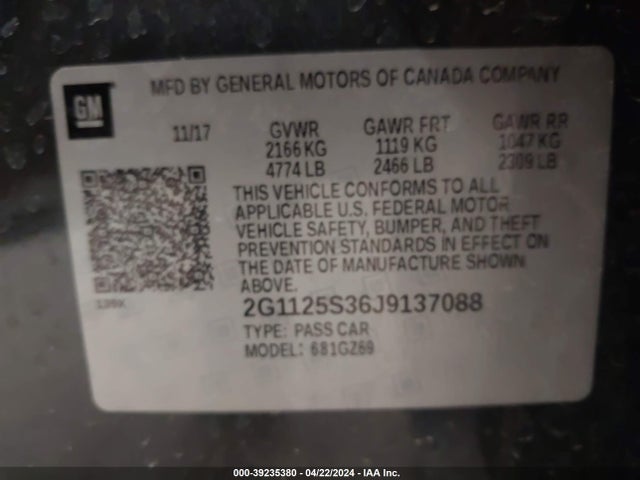 Chevrolet IMPALA 2LZ 2018 2G1125S36J9137088 Image 9
