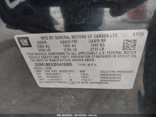 Chevrolet EQUINOX 1LT 2015 2GNFLBE32F6418065 Image 9