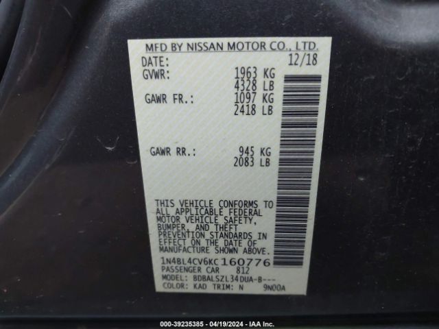 1N4BL4CV6KC160776 Nissan Altima 2.5 Sr