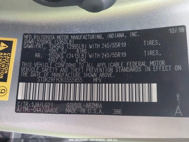 Toyota Highlander Se 2019 5TDKZRFH2KS555855 Image 9
