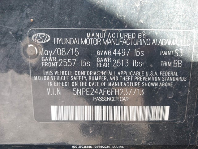 Hyundai SONATA SE 2015 5NPE24AF6FH237713 Image 9