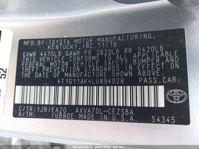 Toyota CAMRY SE 2020 4T1G11AK4LU894028 Image 9